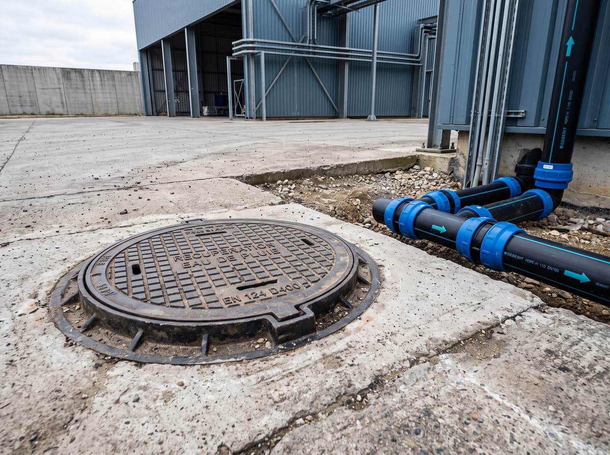 Cuve enterrée de récupération d'eau de pluie sur un site professionnel