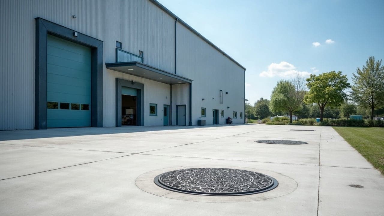 Cour de service en béton d'un entrepôt logistique récent, tampons d'une cuve enterrée à fleur du sol