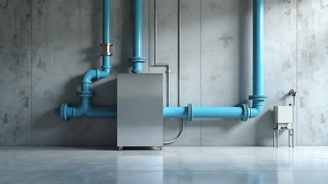 Canalisations cyan et coffret inox fixés sur un mur béton de local technique