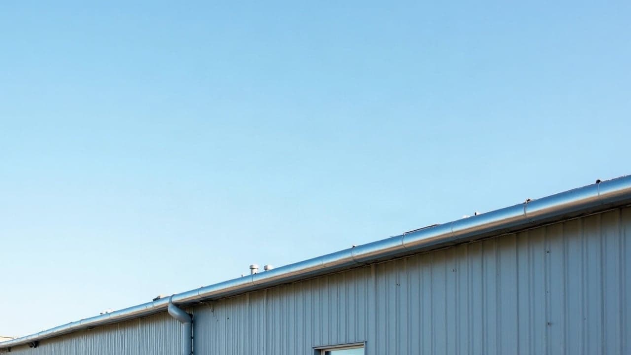 Rive de toiture en bac acier d'un bâtiment industriel et sa gouttière galvanisée, ciel dégagé