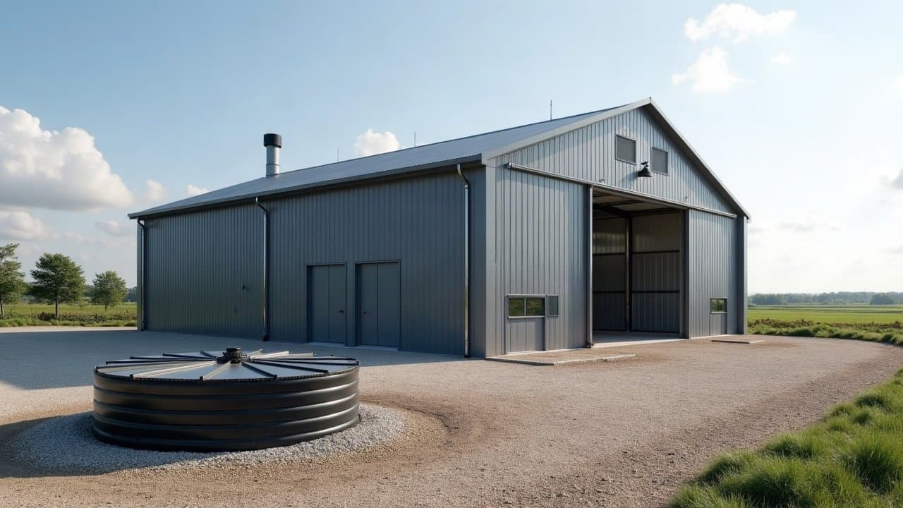 Hangar agricole récent à bardage métallique et regard de la cuve de récupération d'eau de pluie dans la cour gravillonnée