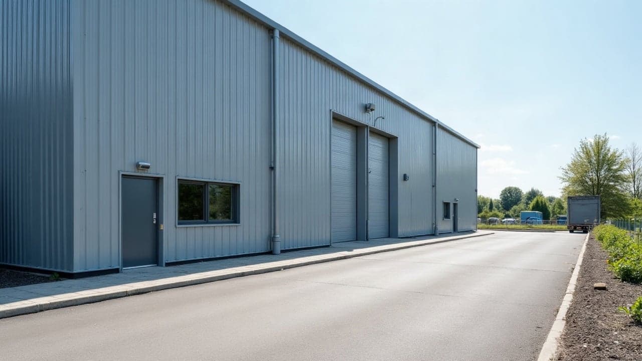 Façade en bardage métallique d'un entrepôt récent, descente galvanisée et voie d'accès propre