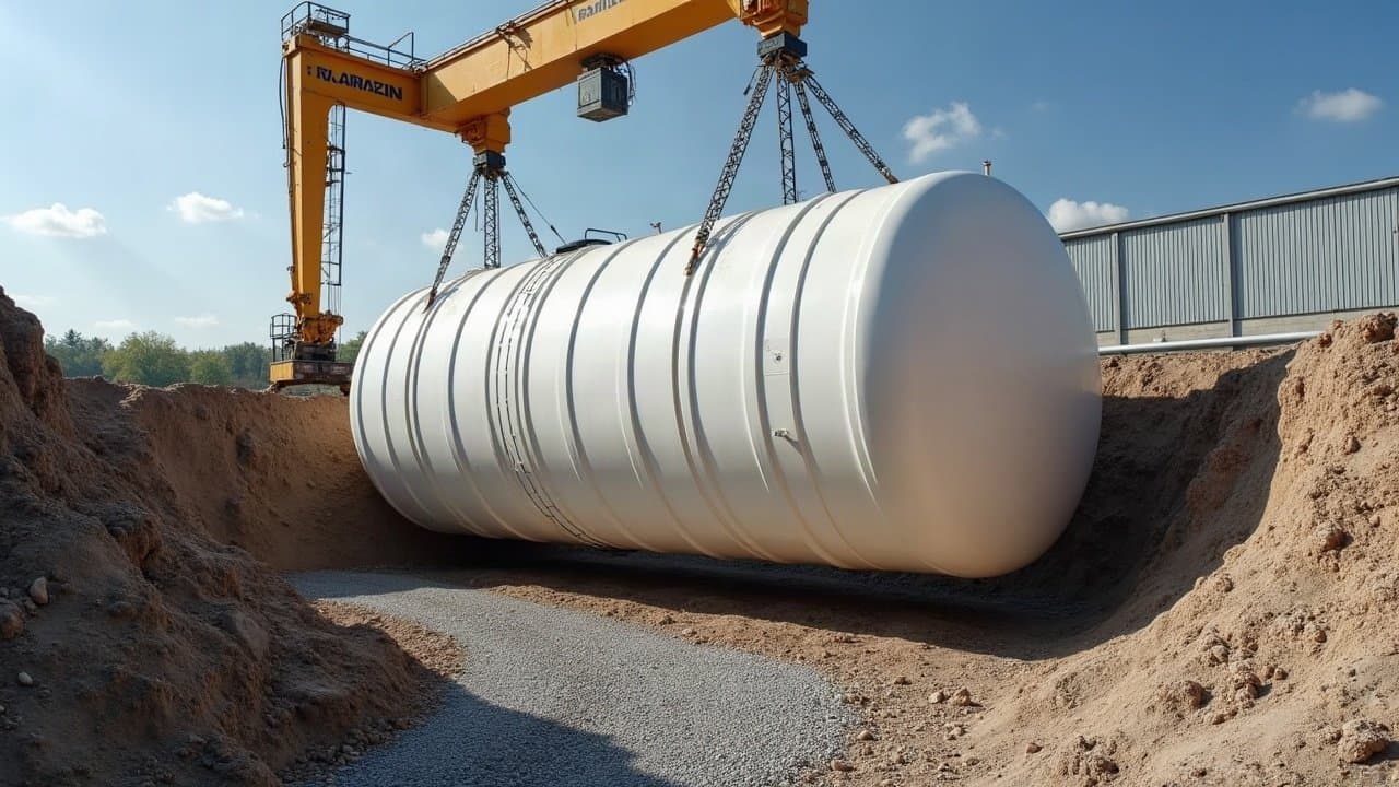 Grande cuve horizontale levée par une grue au-dessus de sa fouille