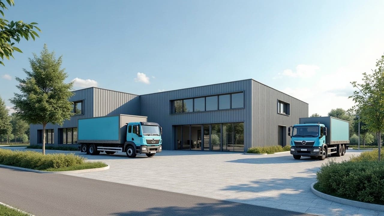 Bâtiment de services techniques moderne, camions stationnés sur un parvis propre