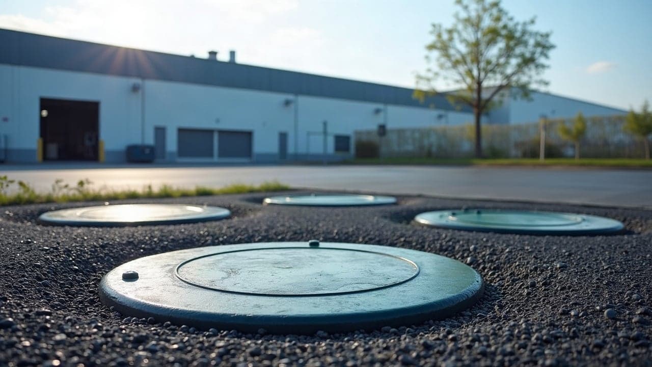 Trois tampons de cuve enterrée à fleur d'une cour gravillonnée, devant un bâtiment industriel
