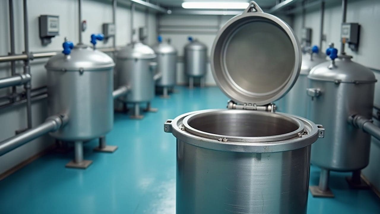 Local technique propre, corps de filtre inox ouvert pour inspection au milieu de réservoirs inox