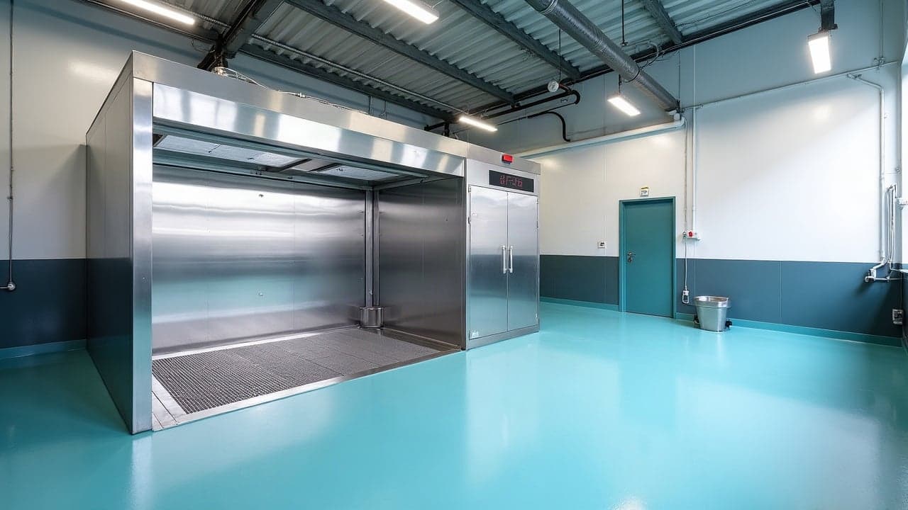 Aire de lavage industrielle en inox, sol résine propre et caillebotis d'évacuation