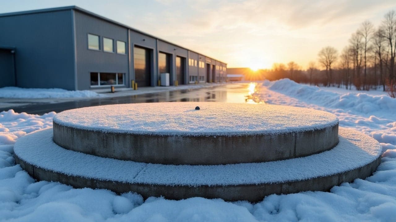 Tampon béton d'une cuve enterrée couvert de givre devant un entrepôt, au lever du soleil d'hiver