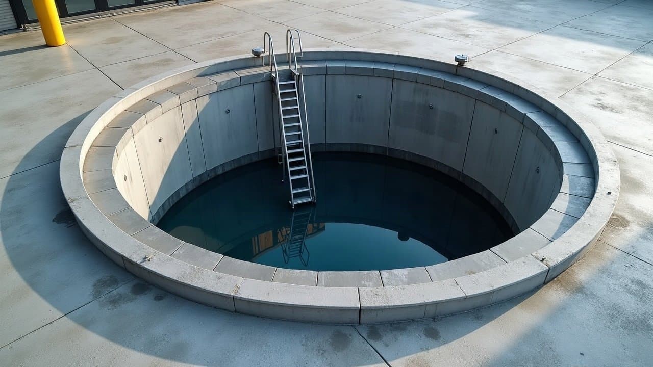 Regard rond ouvert d'une cuve enterrée avec son échelle inox, dans une cour bétonnée