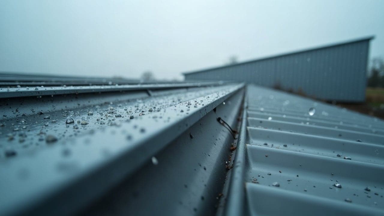 Gouttes de pluie sur une toiture en bac acier et son chéneau, en gros plan