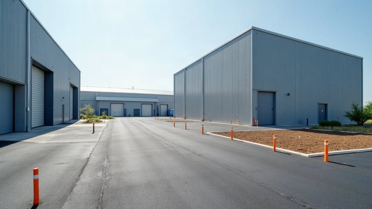 Cour enrobée entre deux bâtiments d'activité récents, balises orange délimitant une zone