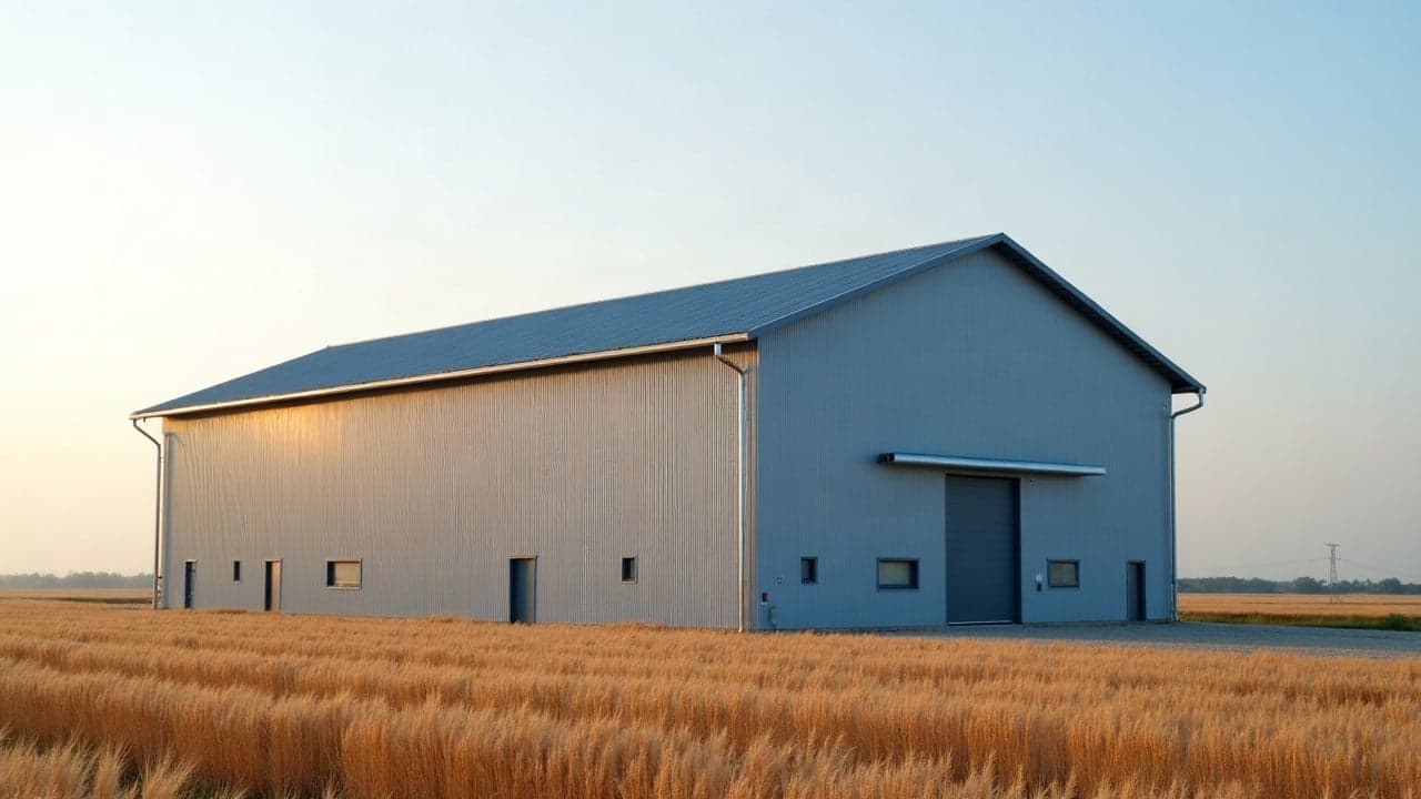 Hangar agricole en bardage métallique au milieu des blés, lumière du soir