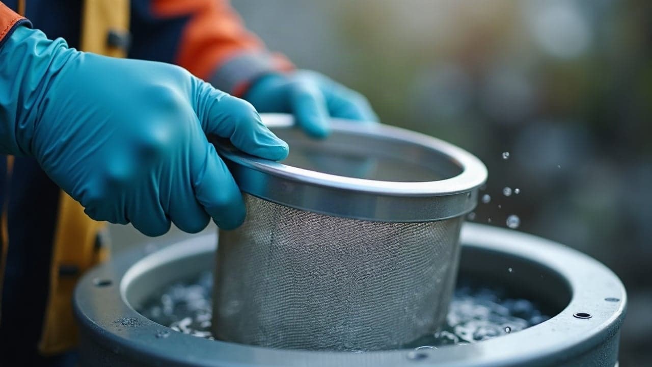 Panier filtrant inox sorti d'un filtre de cuve pour son nettoyage
