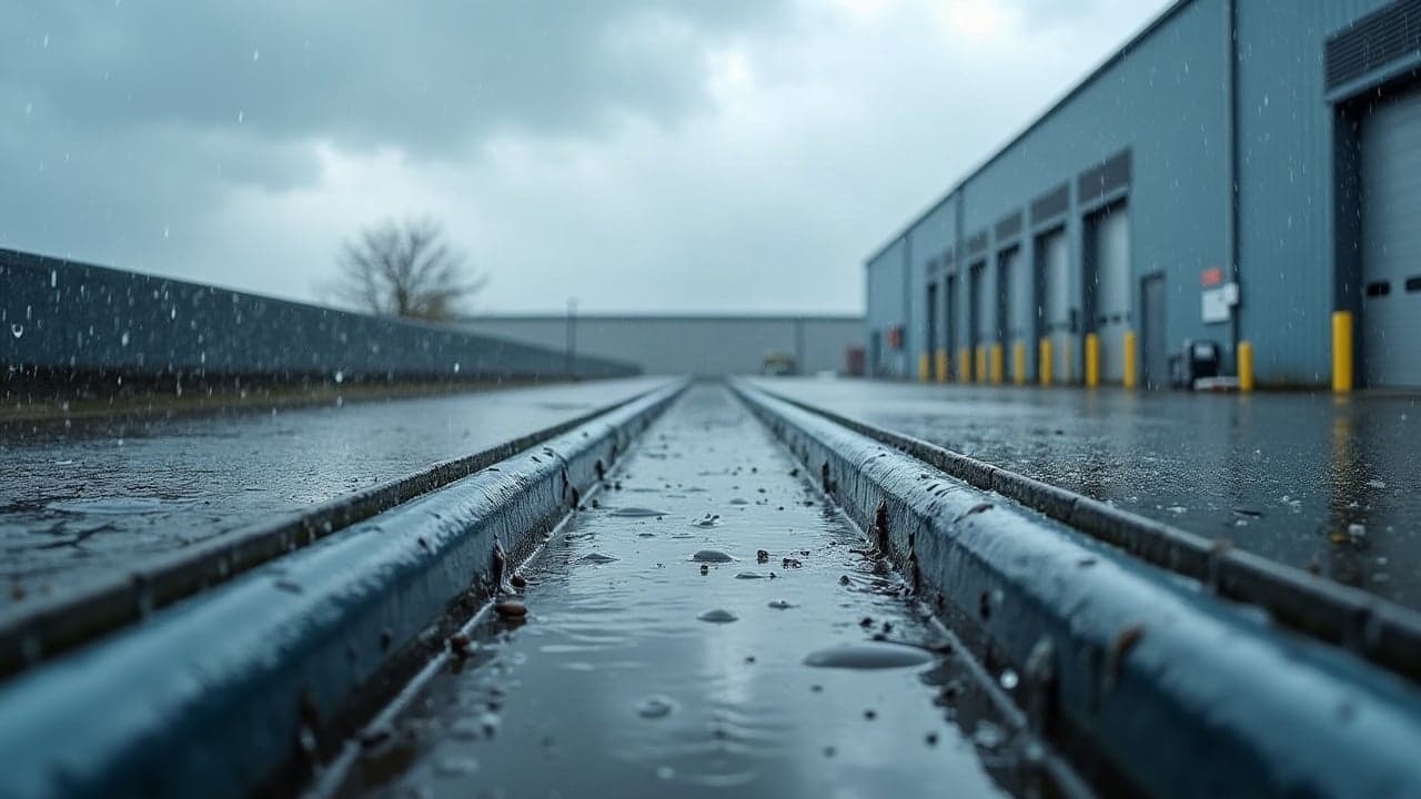 Pluie sur la cour et les caniveaux d'un grand entrepôt logistique aux quais alignés