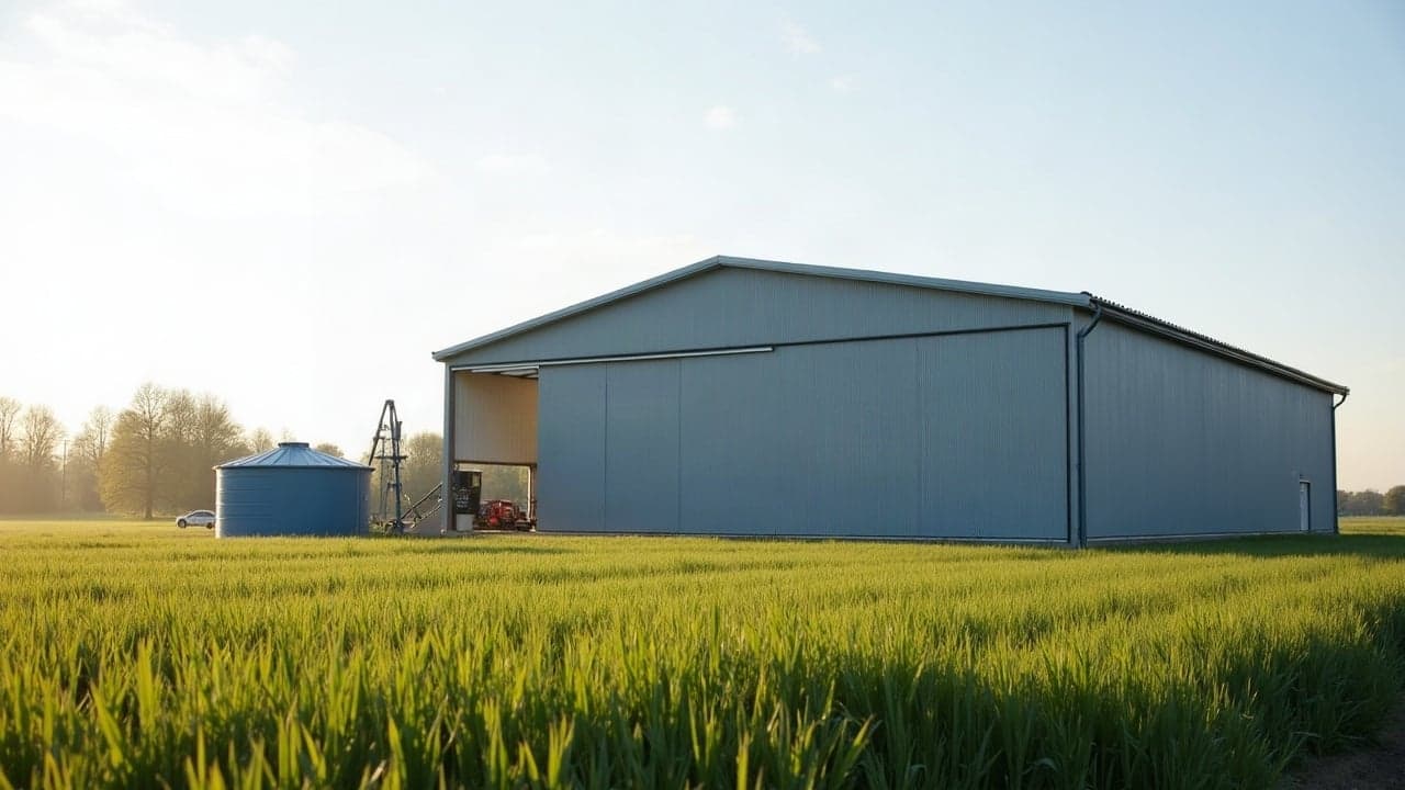 Hangar agricole récent avec cuve de stockage et station de pompage en bordure de champ