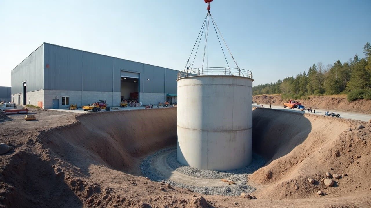 Cuve cylindrique en béton suspendue au-dessus d'une fouille profonde près d'un entrepôt