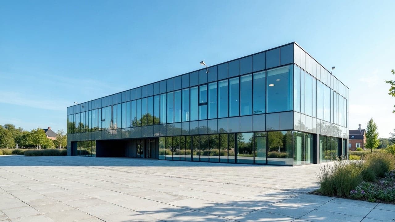 Bâtiment administratif à façade vitrée et parvis en pierre claire, ciel bleu