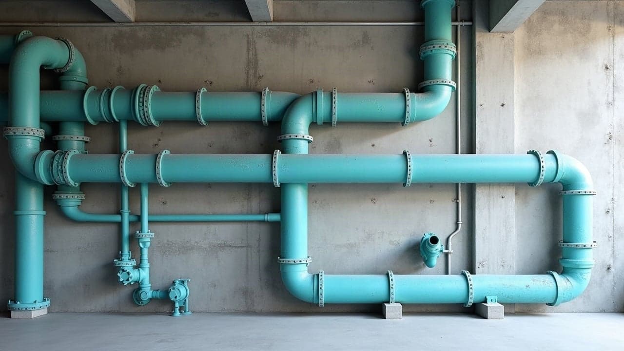 Canalisations cyan à brides le long d'un mur béton de galerie technique