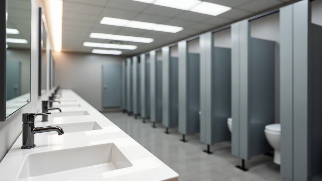 Sanitaires de bureaux avec cabines fermées et rangée de lavabos