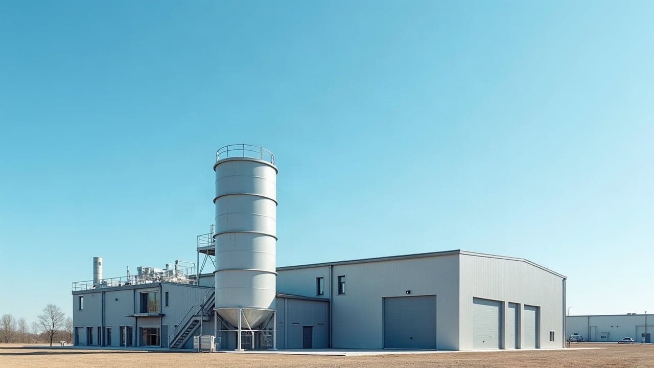 Usine récente avec silo de stockage et bâtiments en bardage gris, ciel bleu