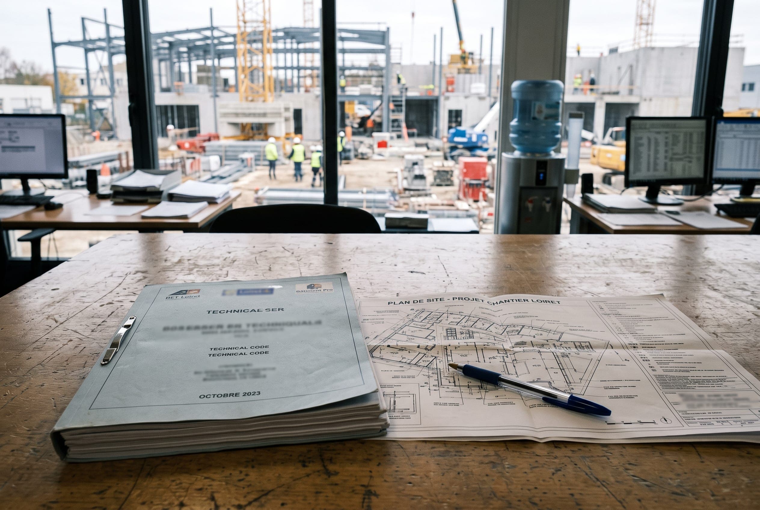 Dossier technique et plan de site sur une table de bureau d'étude
