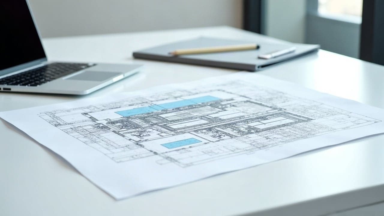 Plan d'un bâtiment industriel avec deux zones surlignées en bleu, posé sur une table blanche à côté d'un ordinateur portable