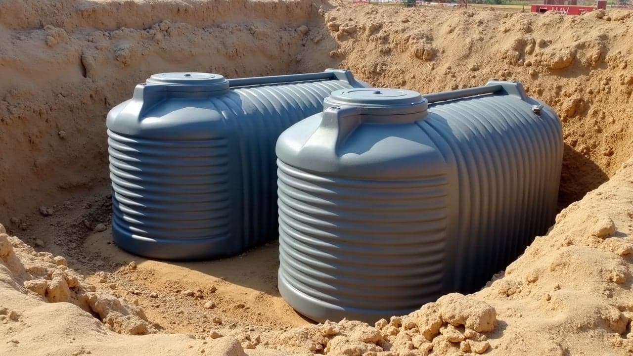 Deux cuves enterrées en polyéthylène gris nervuré posées côte à côte au fond d'une fouille sableuse