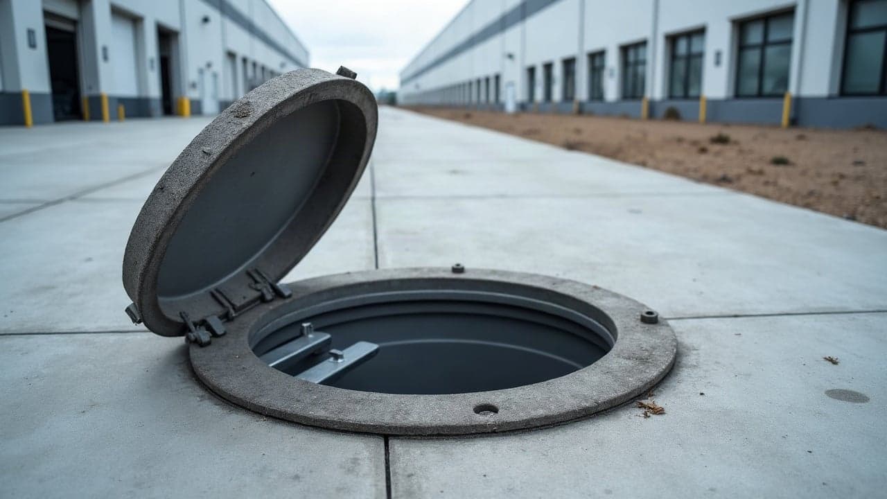 Trappe d'accès ronde ouverte sur la dalle en béton d'une cour d'entrepôt récent