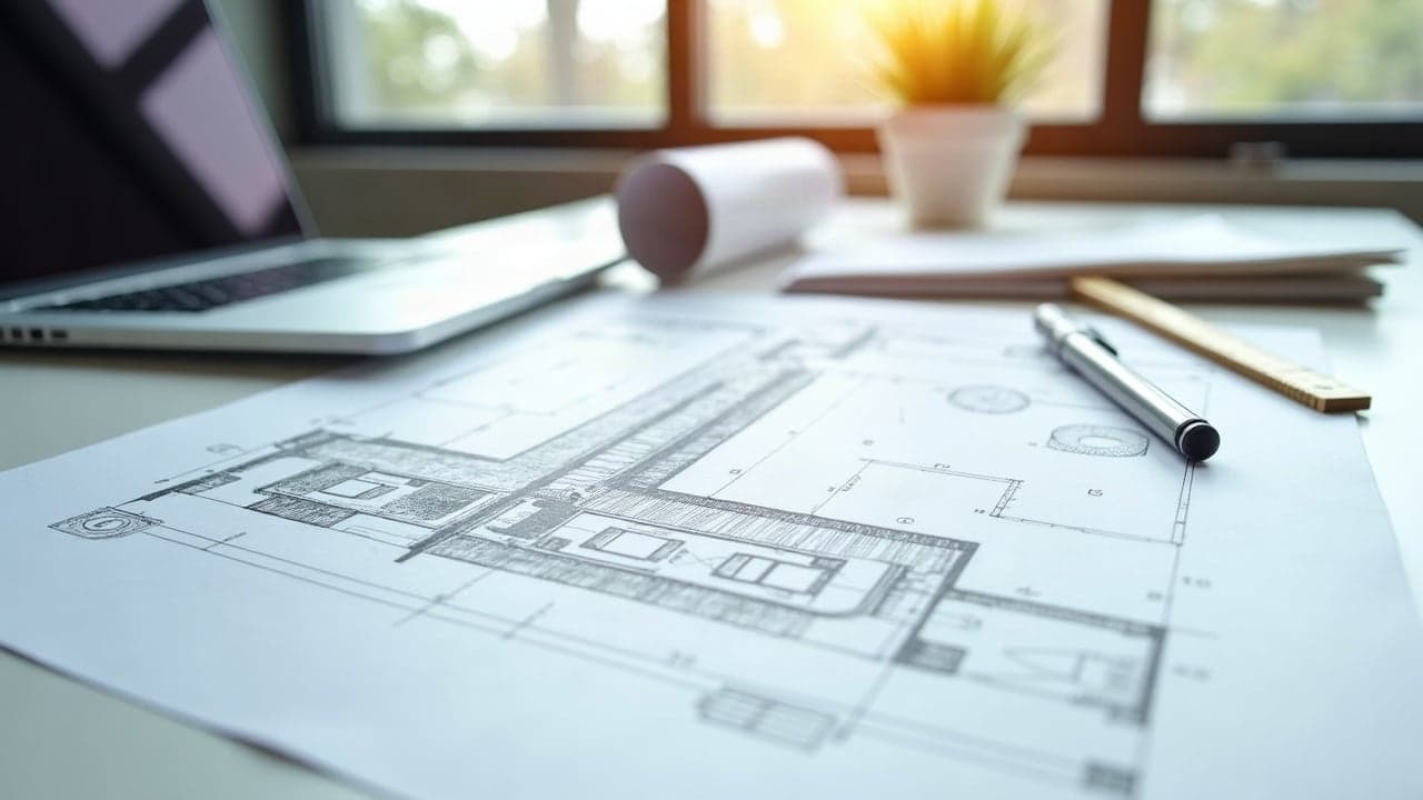 Plans techniques posés sur un bureau clair, à côté d'un ordinateur portable, d'un stylo et d'une règle