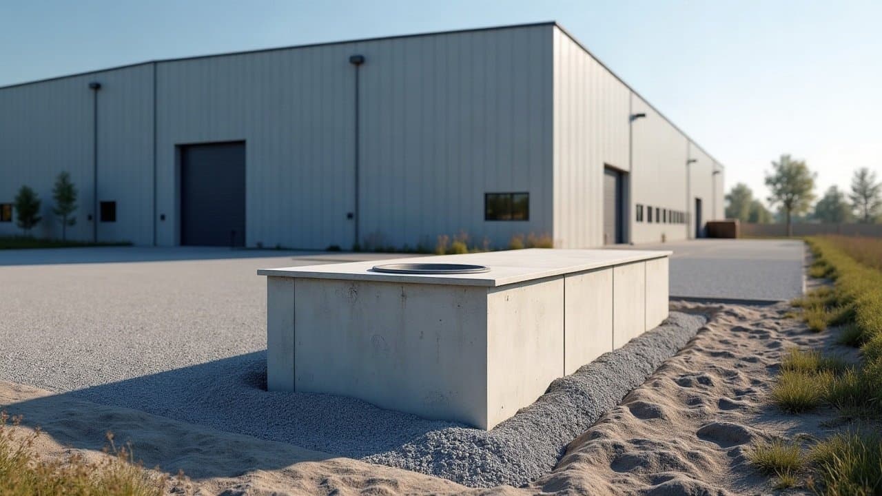 Cuve béton préfabriquée fermée posée sur un lit de gravier au fond d'une fouille, devant un entrepôt logistique récent