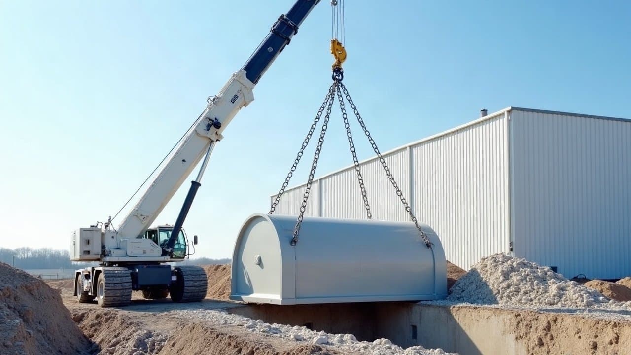 Grue mobile posant une grande cuve dans sa fouille à côté d'un entrepôt récent