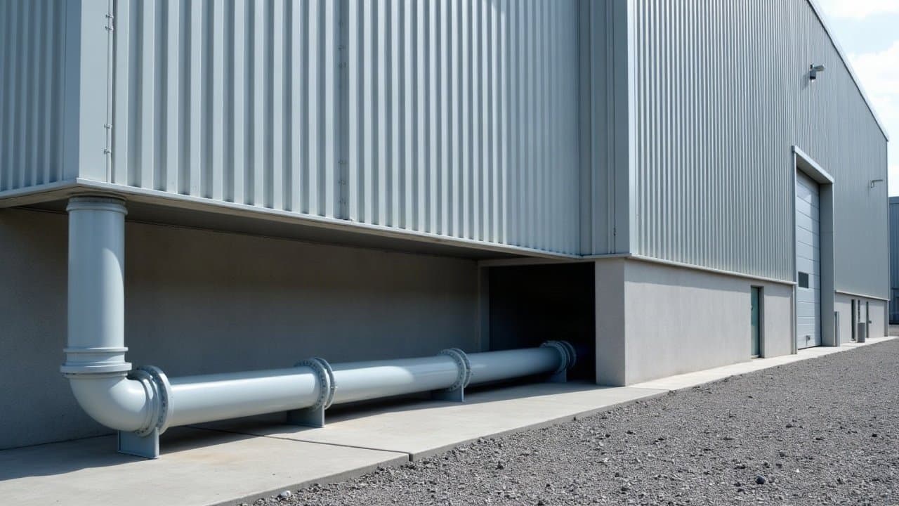 Collecteur pluvial gris le long du soubassement d'un bâtiment industriel
