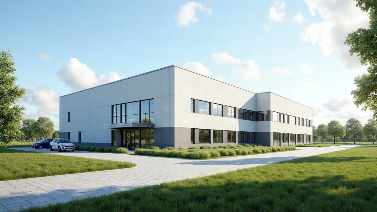 Bâtiment industriel récent et son allée d'accès dans une zone d'activité