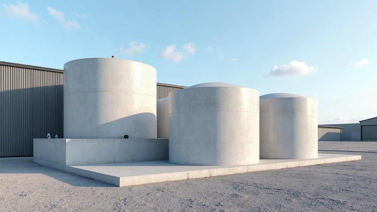 Cuves cylindriques en béton préfabriqué sur une dalle avant pose