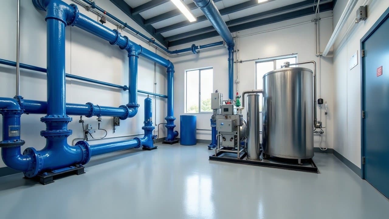 Local technique propre avec tuyauterie bleue, pompe et réservoir inox