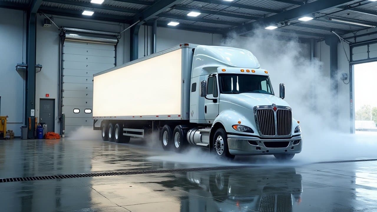 Poids lourd sur l'aire de lavage couverte d'un site logistique