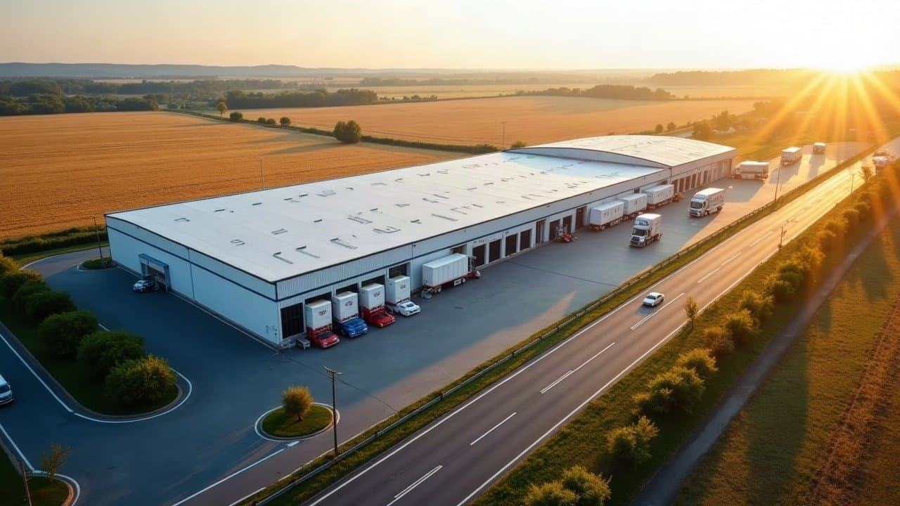 Vue aérienne d'un entrepôt logistique en bord de route au milieu des champs