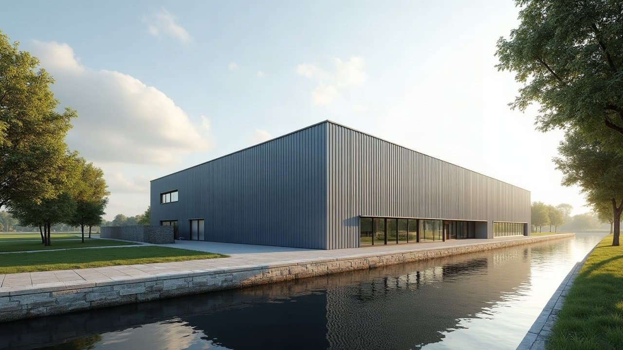 Bâtiment d'activité à bardage métallique le long d'un canal