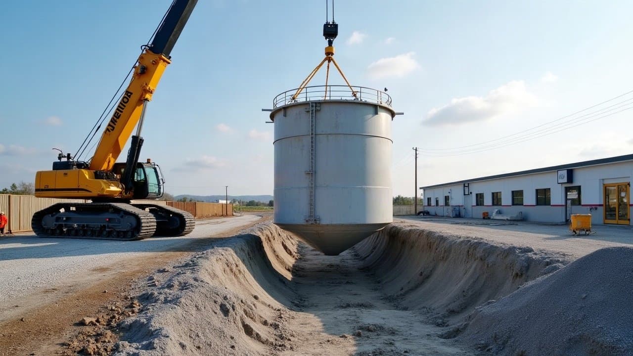 Cuve cylindrique en béton levée par une pelle au-dessus de sa fouille près d'un bâtiment d'activité