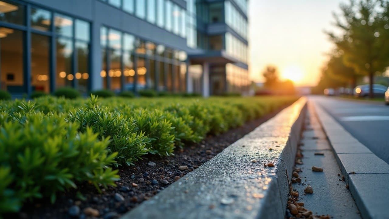 Bande plantée le long du parking d'un immeuble de bureaux