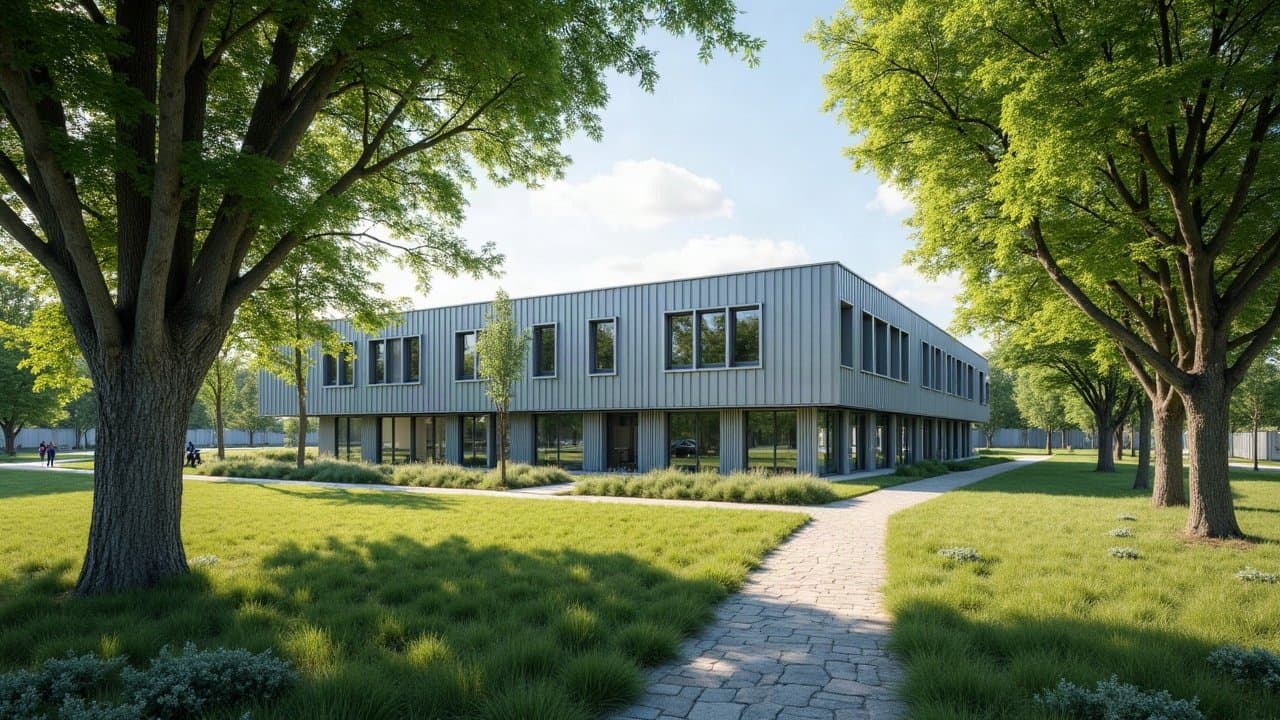 Bâtiment de bureaux récent entre de grands arbres dans un parc d'activités