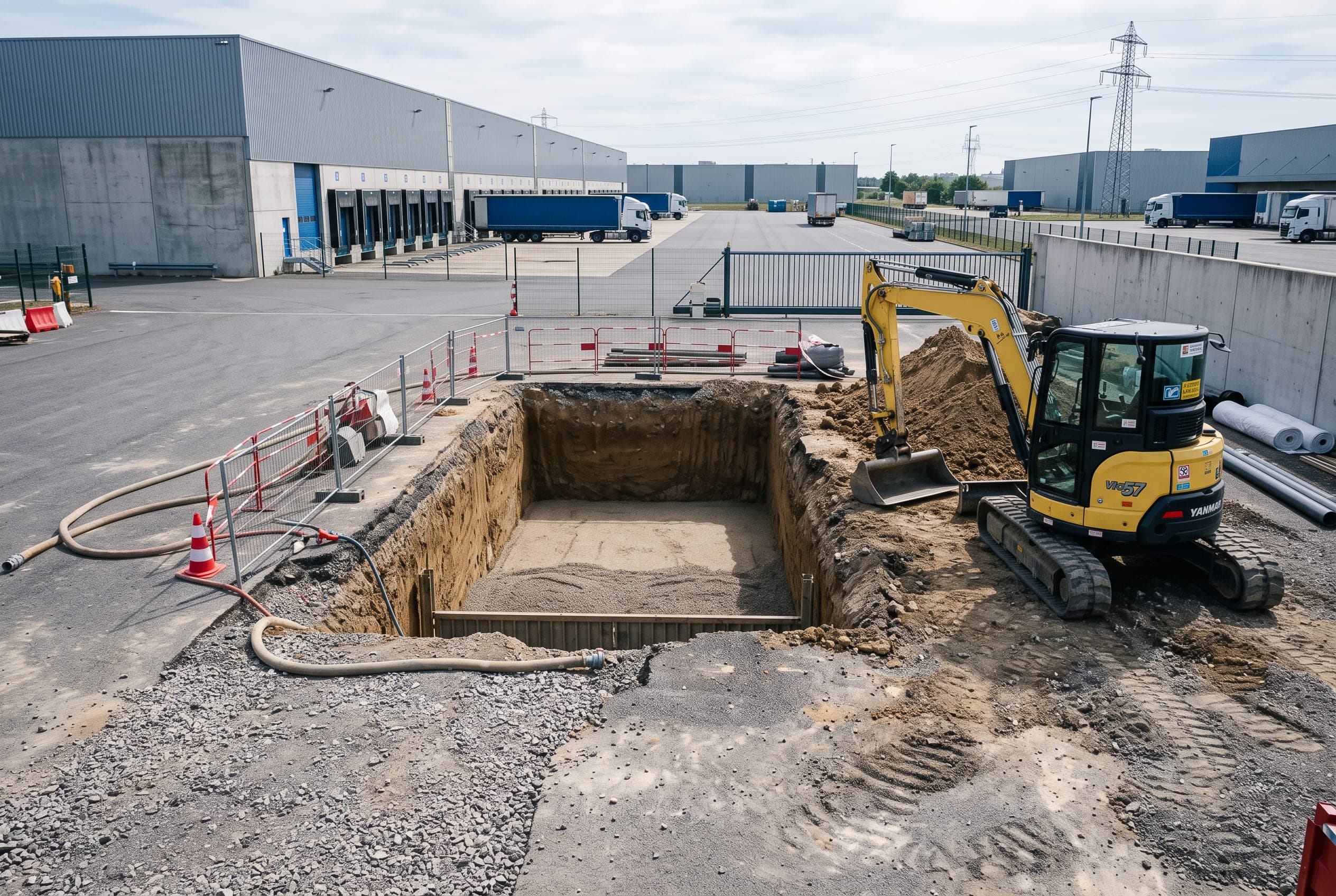 Terrassement pour la pose d'une cuve enterrée sur un site logistique à Ormes