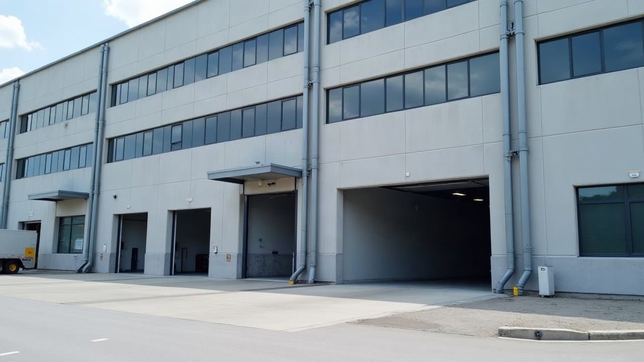 Façade d'entrepôt avec descentes pluviales et quais de chargement