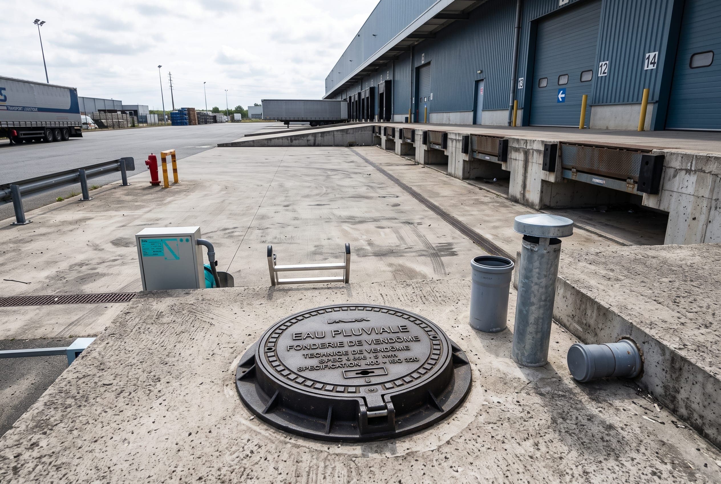 Cuve enterrée de récupération d'eau de pluie près d'un quai logistique à Saint-Cyr-en-Val