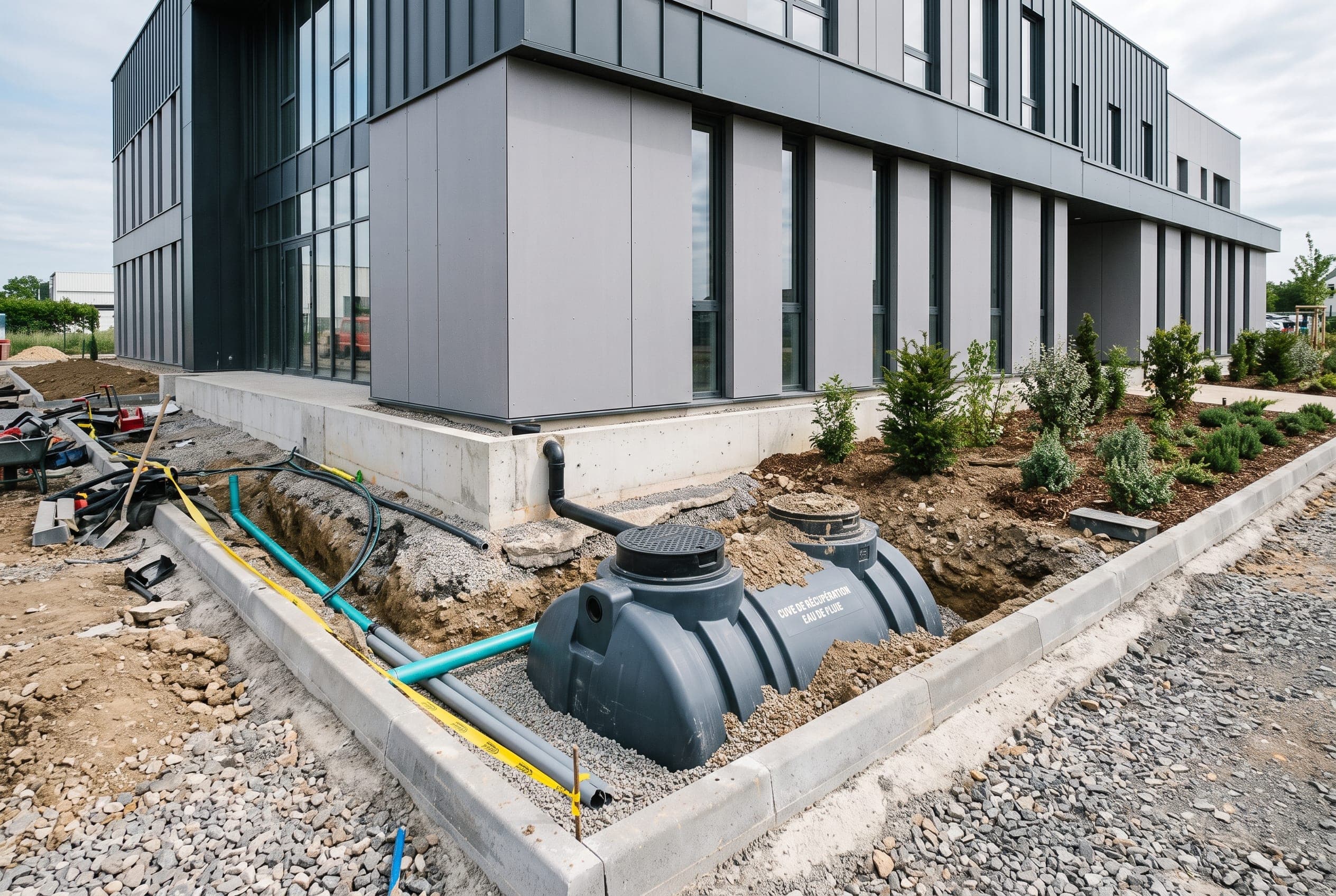 Installation de récupération d'eau de pluie en pied d'un bâtiment tertiaire à Saint-Jean-de-Braye