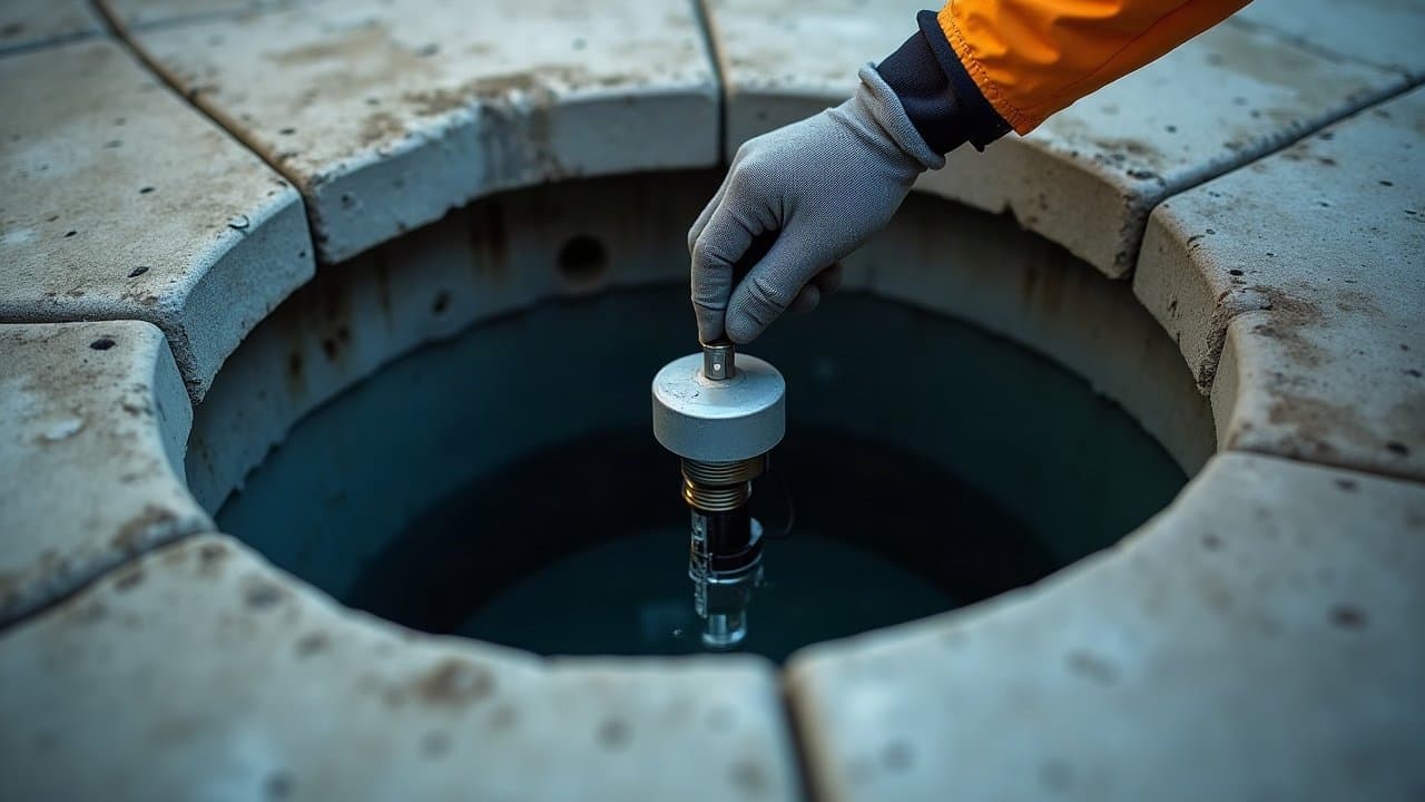 Sonde descendue dans une cuve enterrée par l'ouverture de son regard