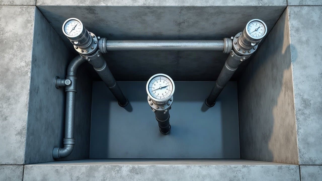 Chambre de vannes en béton avec manomètres sur le réseau d'eau de pluie