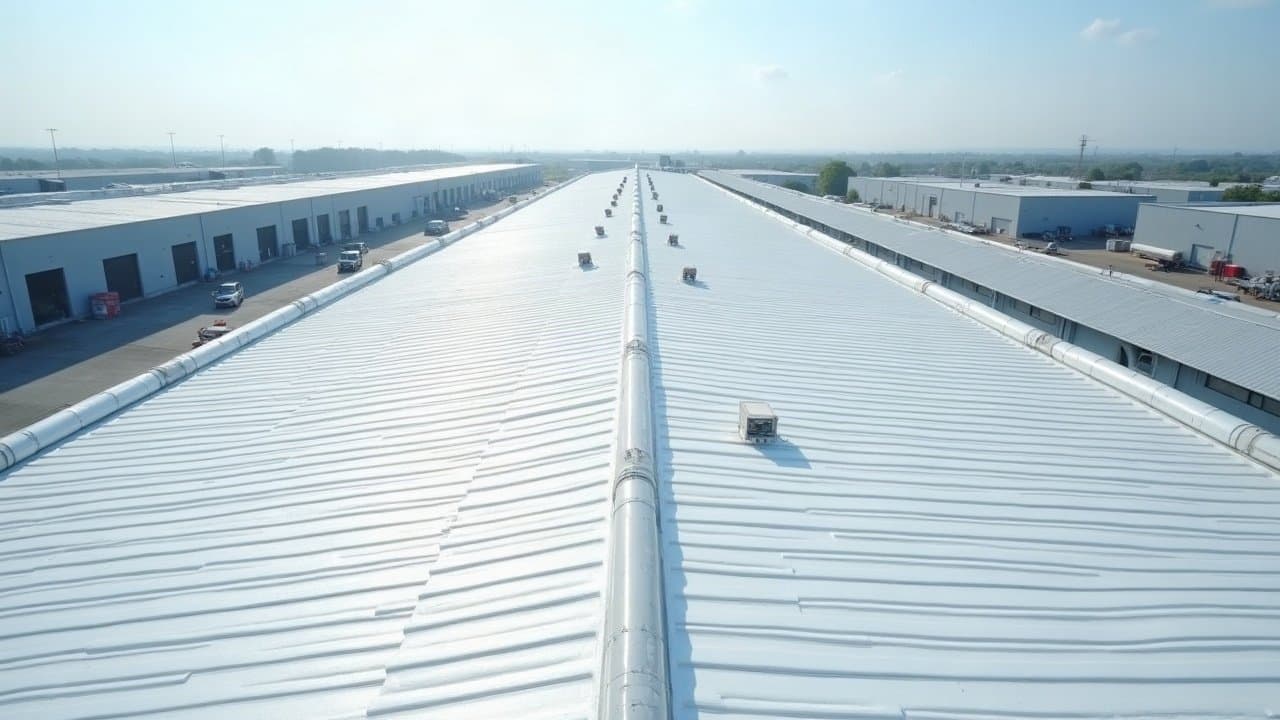 Grande toiture en bac acier d'entrepôts logistiques vue d'en haut