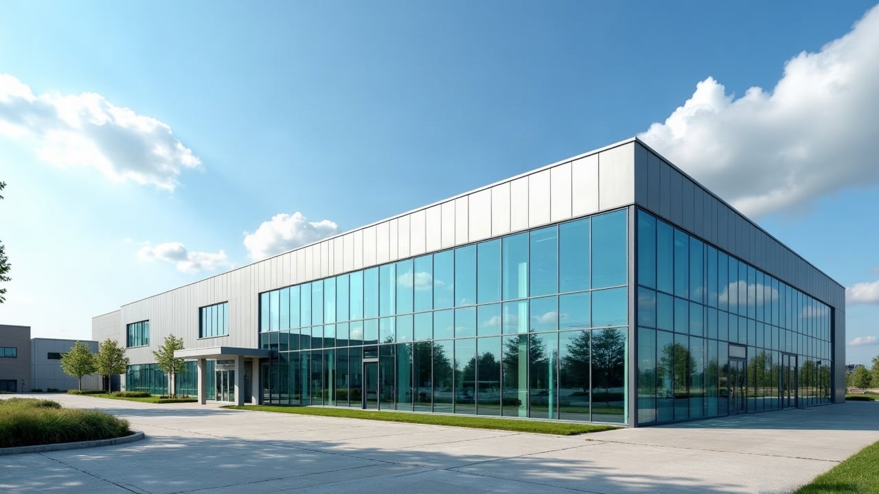 Façade vitrée d'un siège d'entreprise récent dans un parc d'activités
