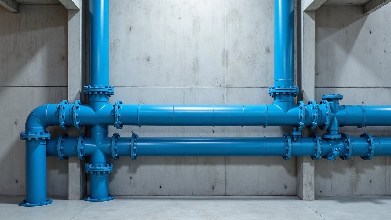Deux réseaux de canalisations bleues parallèles le long d'un mur en béton